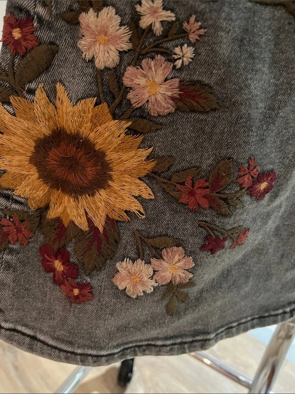Women's Grey Flare Jeans with Sunflower Embroidery - Picture 7 of 8